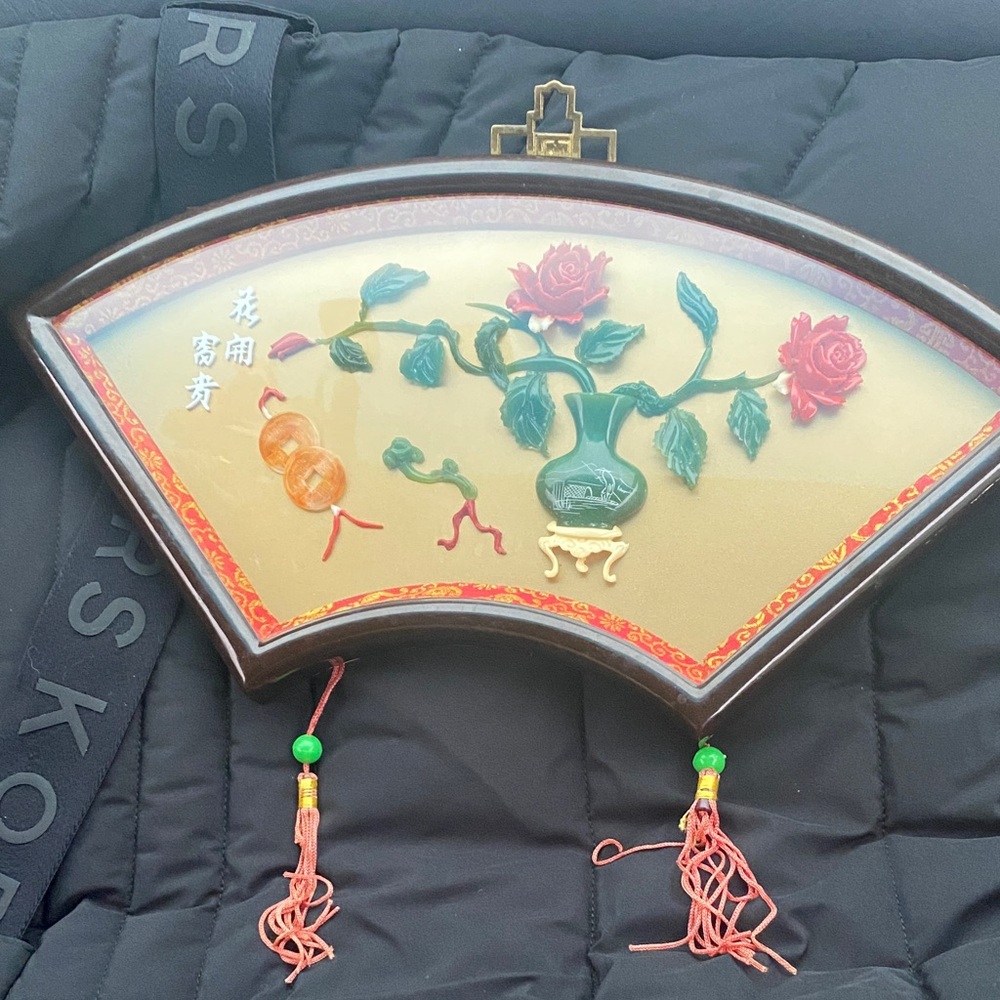 Elegant Fan-Shaped Glass Art with Floral Design
